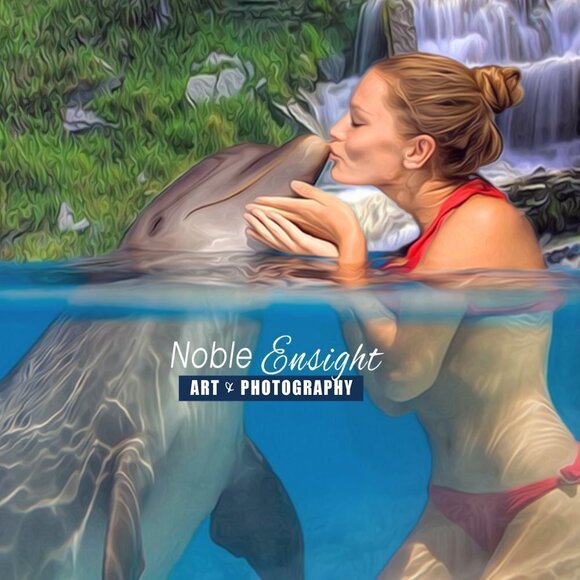 Dolphin‎ Kissing Woman Sunset Waterfall Majestic Watercolor Oil Painting Print - Picture 1 of 6